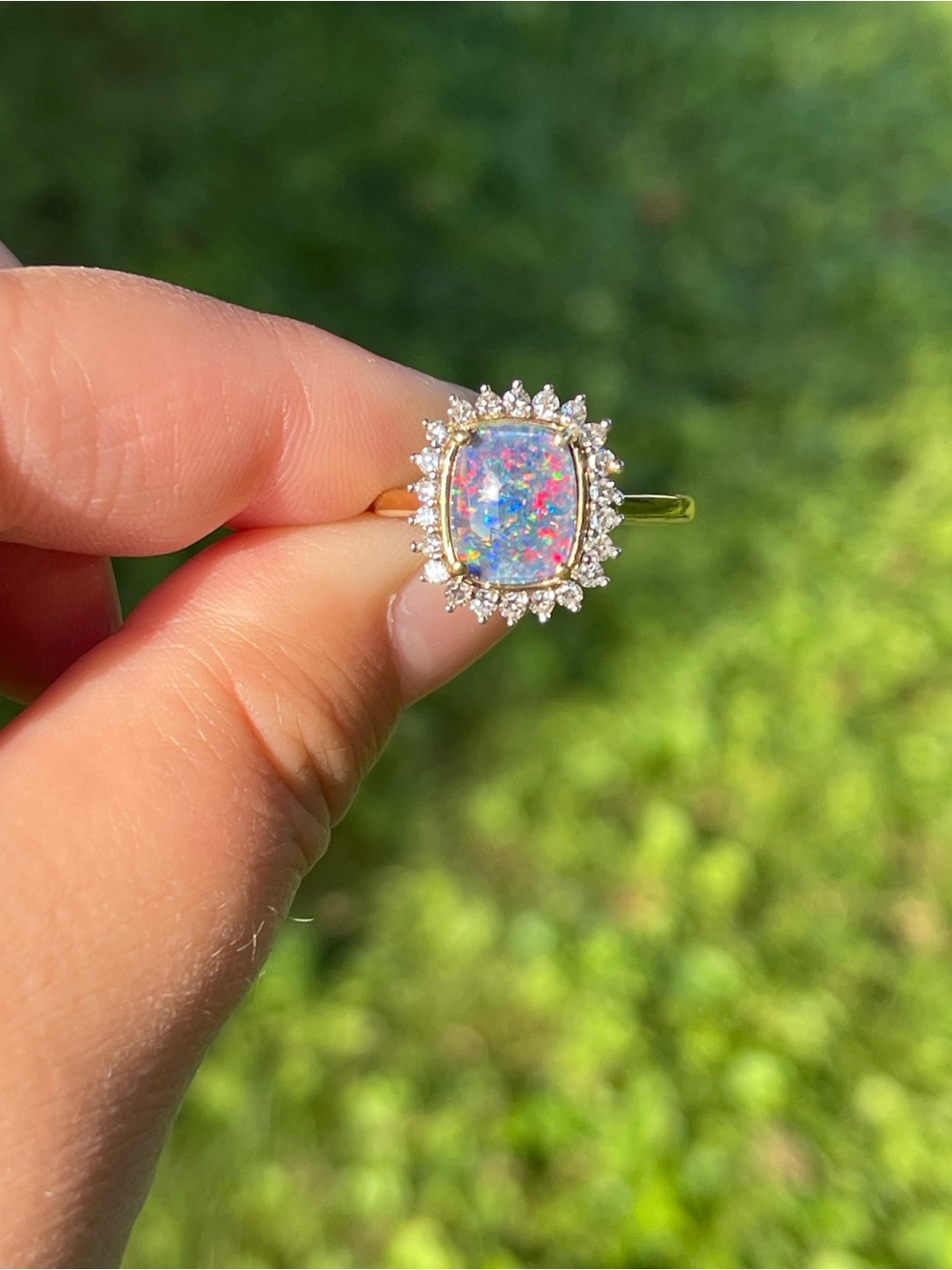 Boulder Opal and Lab Grown Diamond Ring